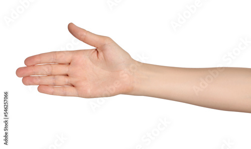 Woman holding out hand on white background, closeup