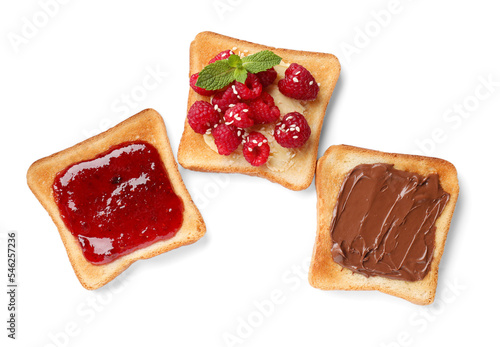 Tasty toasts with different spreads and fruits on white background, top view