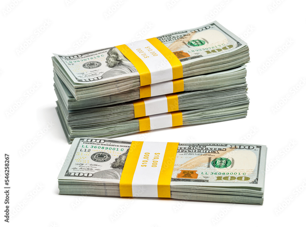 Creative business finance making money concept - stack of bundles of 100 US dollars 2013 edition banknotes bills isolated on white Creative business finance making money concept - stack of bundles of 100 US dollars 2013 edition banknotes bills isolated on white