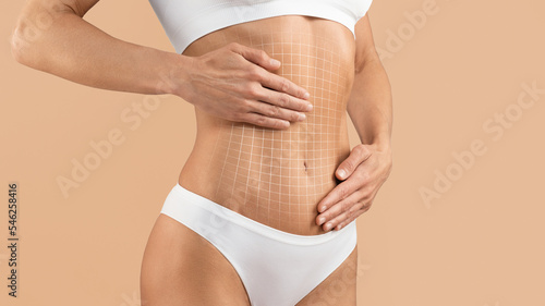 Tummy Tuck. Cropped Of Female Body With Flat Abdomen And Drawn Mesh