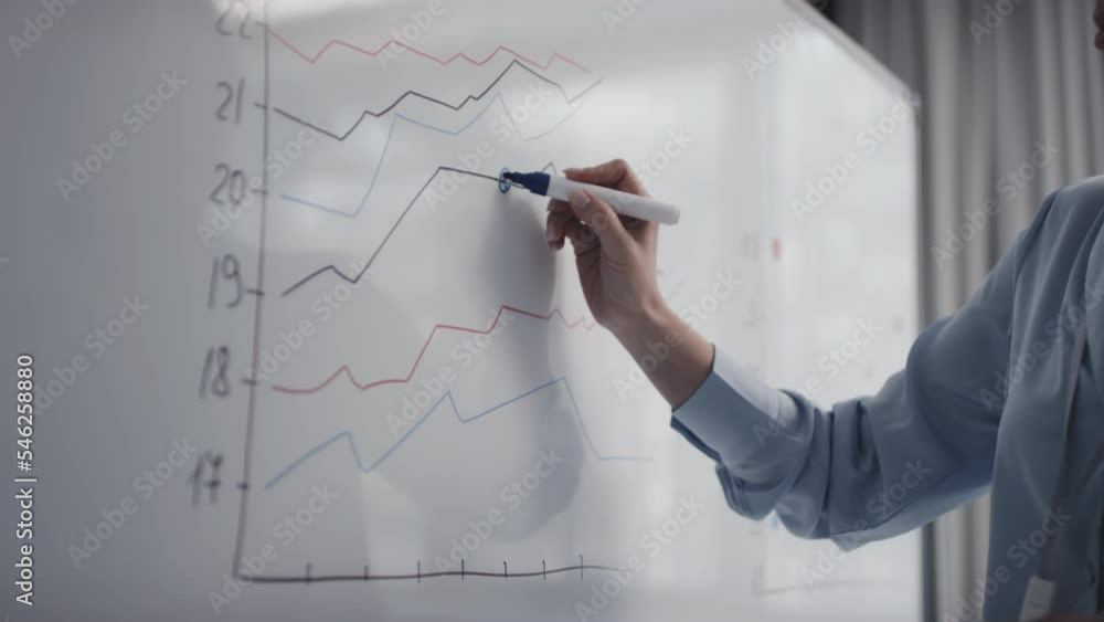 Unrecognizable female financial specialist working with graph on whiteboard during business conference Unrecognizable female financial specialist working with graph on whiteboard during business conference