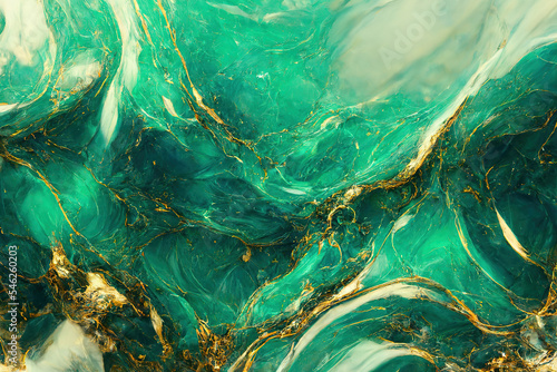 Abstract marble textured background. Fluid art modern wallpaper. Marbe gold and green surface