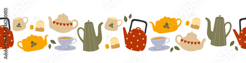 Seamless border of colorful teapots, cups and tea bags. Kitchen utensil background.