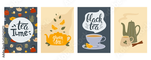 Set of posters with cups and teapots and hand drawn lettering texts. Template for poster, banner, card, flyer