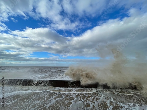 Huge waves crashing over the sea wall. Taken in Blackpool Lancashire England. 