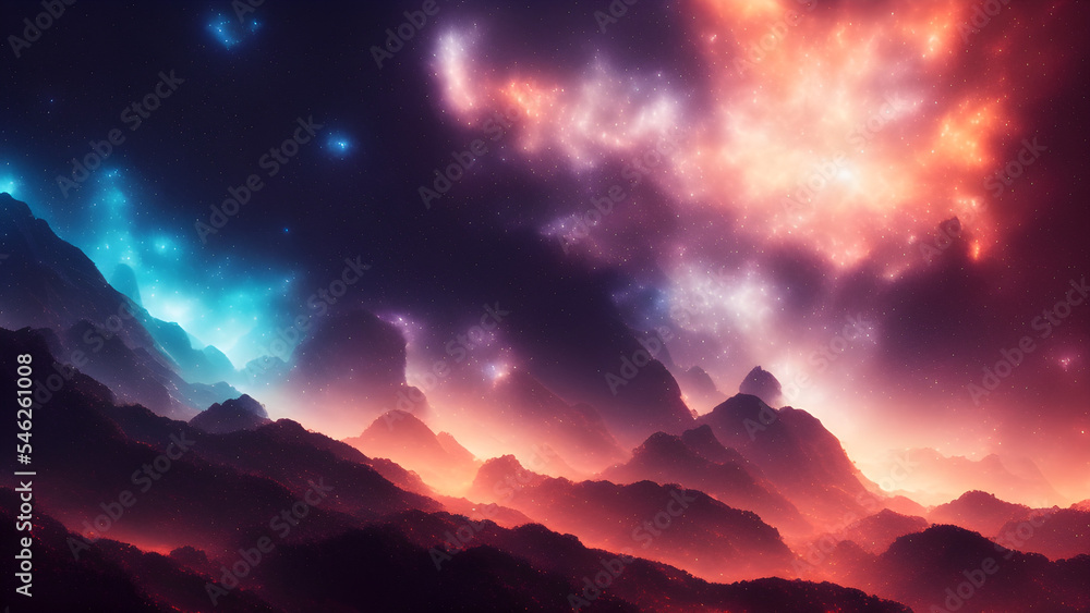 The night starry sky. galaxy background with nebula cosmos and mountain 