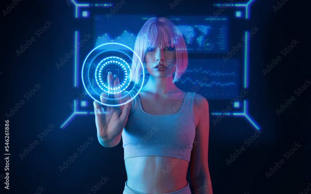 Woman in futuristic costume. Girl in glasses of virtual reality while ...