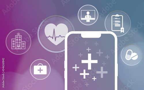 digitalization of the health system, smartphone and background with medical icons, healthcare, health, Online video consultations, medicaments, doctor, checkup, online