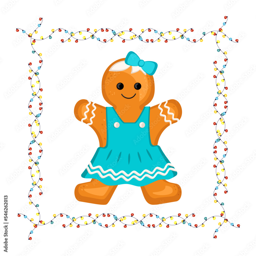 Gingerbread man, decoration for new year, Christmas and holidays in frame of garland with light bulbs. Vector flat illustration Gingerbread man, decoration for new year, Christmas and holidays in frame of garland with light bulbs. Vector flat illustration
