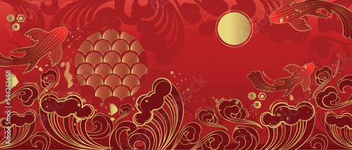 Vector banner on an Asian theme. Line art style. Chinese symbols.	