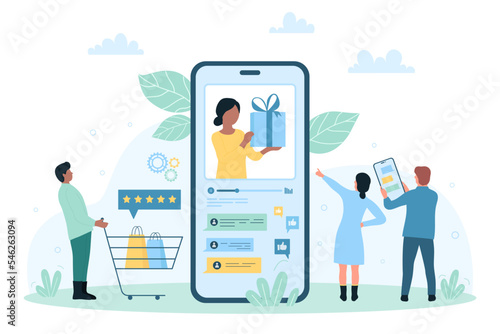 Online podcast of shopping news with mobile app, ecommerce vector illustration. Cartoon tiny people listen interview of girl with gift on screen of phone, characters podcasting and listening blog