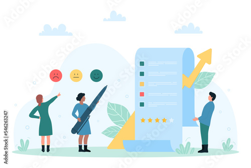 Online survey form, review report list for customers vector illustration. Cartoon tiny people holding pen to fill checklist with feedback, characters vote for services and products with emoticons