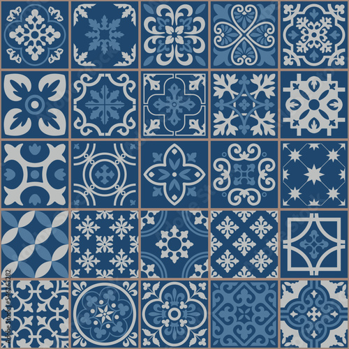 blue and white geometric seamles vector tiles pattern 5x5