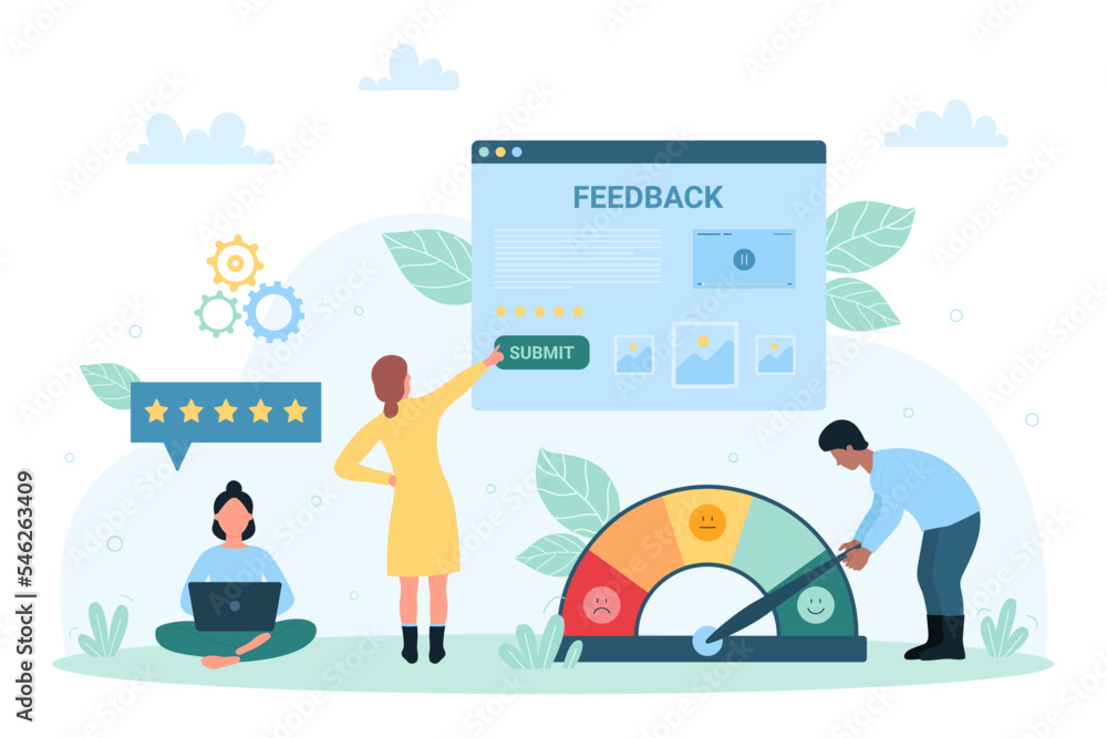 Customers feedback service vector illustration. Cartoon tiny people using emotions level meter with happy and angry emoticons to rate user experience, work with electronic form and laptop for survey Customers feedback service vector illustration. Cartoon tiny people using emotions level meter with happy and angry emoticons to rate user experience, work with electronic form and laptop for survey