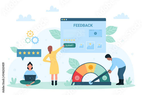 Customers feedback service vector illustration. Cartoon tiny people using emotions level meter with happy and angry emoticons to rate user experience, work with electronic form and laptop for survey