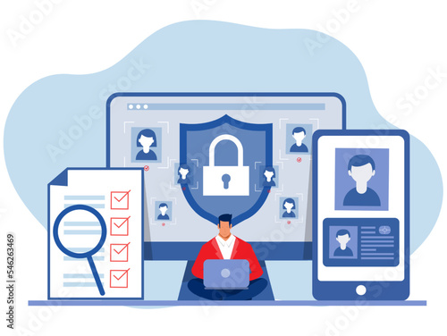 KYC or know your customer with business verifying the identity of its clients concept at the partners-to-be through a magnifying glass Idea of business identification and finance safety. vector illust