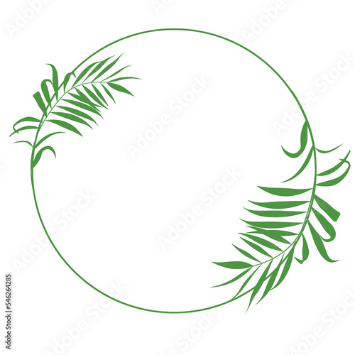 Tropical palm leaf frame.  Round Icon in trendy minimal linear style. Template for logo cosmetics, beauty Studio, hairdresser, handmade, jewelry. Vector stock illustration