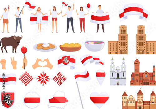 Belarus icons set cartoon vector. Minsk architecture. Flag country