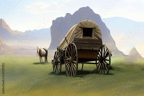 Old American west covered wagon and horse landscape. Background illustration. Digital matte painting photo