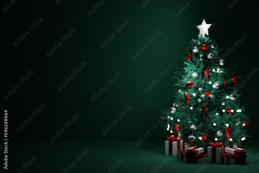 Christmas tree with gift box on dark green background. 3d render Christmas tree with gift box on dark green background. 3d render