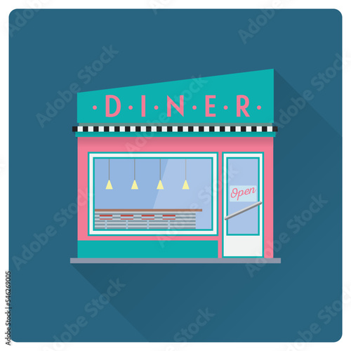 Flat design long shadow diner building vector illustration, facade with vibrant signs.