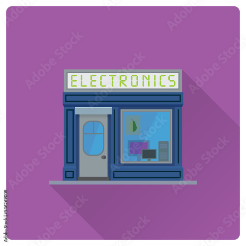 Flat design long shadow electronics store building vector illustration. Small computer shop facade symbol.