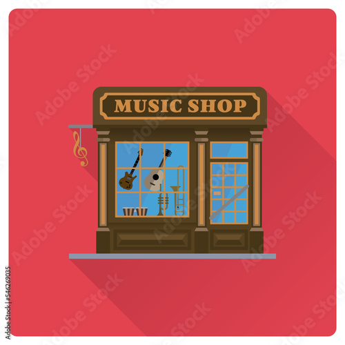 Flat design long shadow music shop building vector illustration, store facade with musical intrument in the window. photo