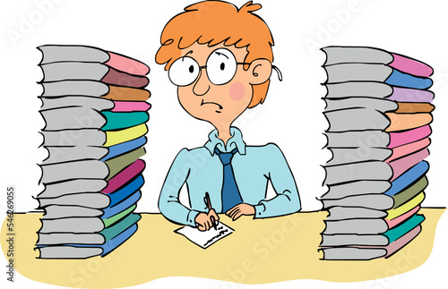 Tortured student doing homework while digging into a pile of books