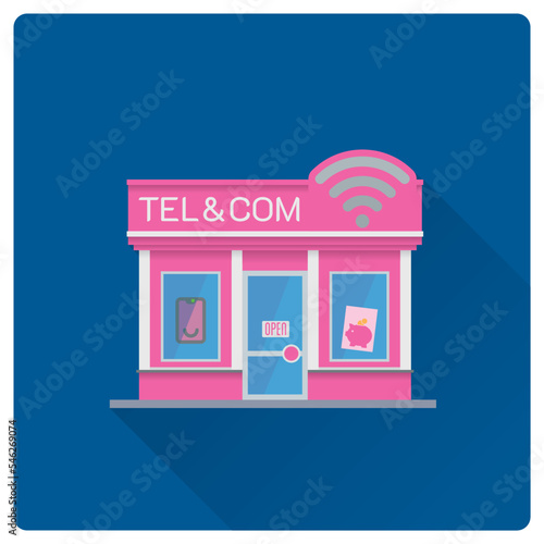 Flat design long shadow telephone and communications equipment store building vector illustration. Telco shop storefront 