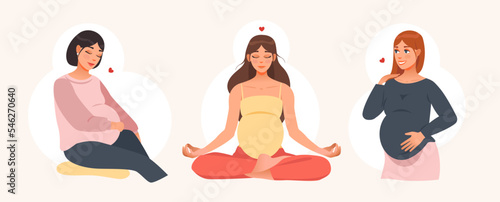 Pregnant young woman. Smiling young woman touching belly excited with pregnancy. Motherhood concept. Vector illustration.