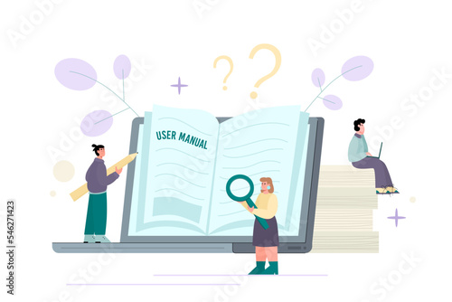 Tiny people reading and writing user manual, abstract flat vector illustration isolated on white background.