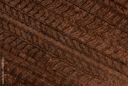 Tyre track on dirt sand or mud, Picture in retro or grunge tone. Car drive on sand. off road track. Track on grass field. Track in farm.