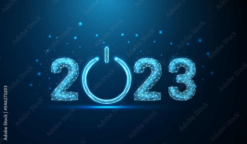 Abstract Happy New Year greeting card with number 2023 and power button. - obrazy, fototapety, plakaty 