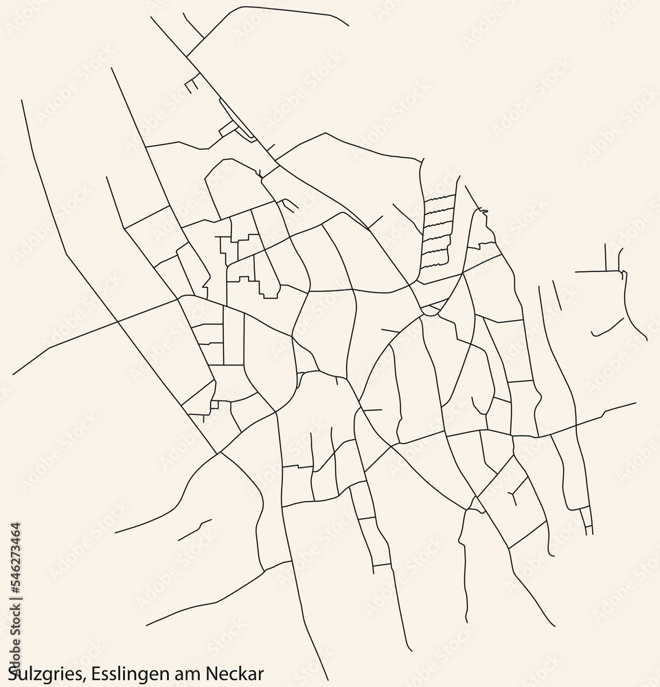 Detailed navigation black lines urban street roads map of the SULZGRIES MUNICIPALITY of the German regional capital city of Esslingen, Germany on vintage beige background