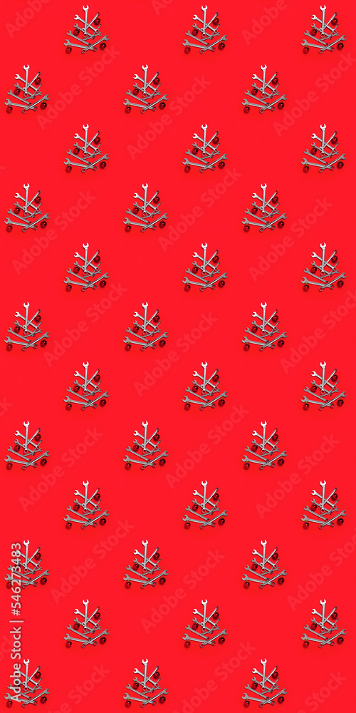 Seamless texture with Christmas trees made of wrenches decorated with balls on a red background. Happy New Year pattern. Banner with tools. Wallpaper. Industrial holiday concept. Calendar template Seamless texture with Christmas trees made of wrenches decorated with balls on a red background. Happy New Year pattern. Banner with tools. Wallpaper. Industrial holiday concept. Calendar template
