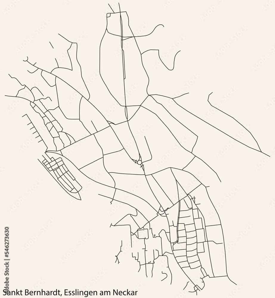 Detailed navigation black lines urban street roads map of the SANKT BERNHARDT MUNICIPALITY of the German regional capital city of Esslingen, Germany on vintage beige background Detailed navigation black lines urban street roads map of the SANKT BERNHARDT MUNICIPALITY of the German regional capital city of Esslingen, Germany on vintage beige background