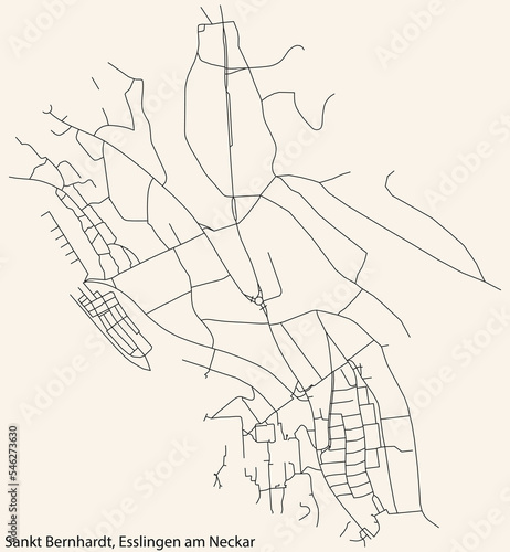 Detailed navigation black lines urban street roads map of the SANKT BERNHARDT MUNICIPALITY of the German regional capital city of Esslingen  Germany on vintage beige background