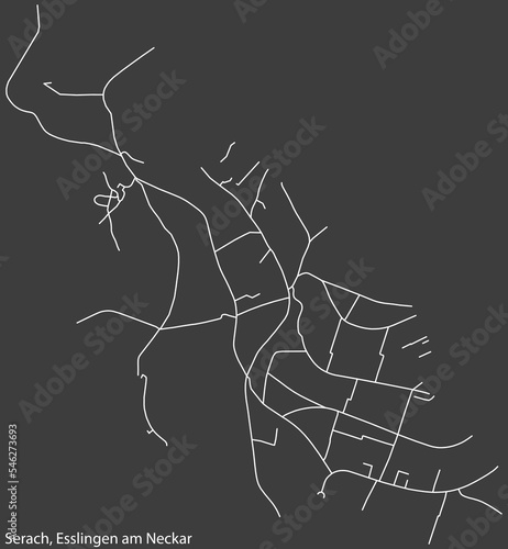 Detailed negative navigation white lines urban street roads map of the SERACH MUNICIPALITY of the German regional capital city of Esslingen, Germany on dark gray background