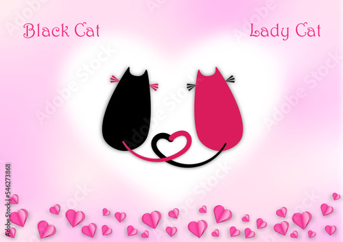 Valentine paper cut with love cat on pink background. Vector illustration.