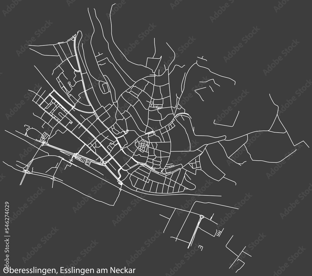 Detailed negative navigation white lines urban street roads map of the OBERESSLINGEN MUNICIPALITY of the German regional capital city of Esslingen, Germany on dark gray background