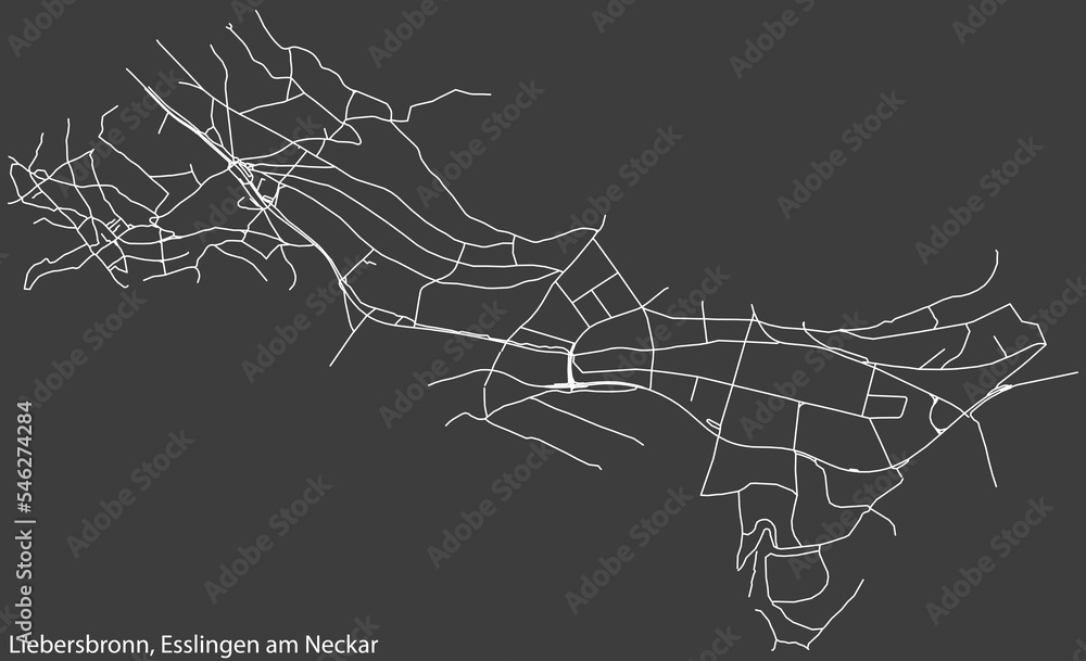 Detailed negative navigation white lines urban street roads map of the LIEBERSBRONN MUNICIPALITY of the German regional capital city of Esslingen, Germany on dark gray background