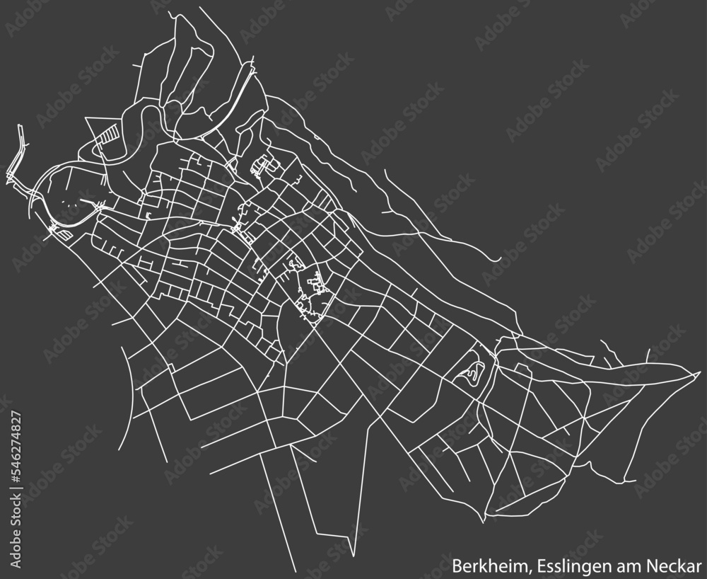 Detailed negative navigation white lines urban street roads map of the BERKHEIM MUNICIPALITY of the German regional capital city of Esslingen, Germany on dark gray background