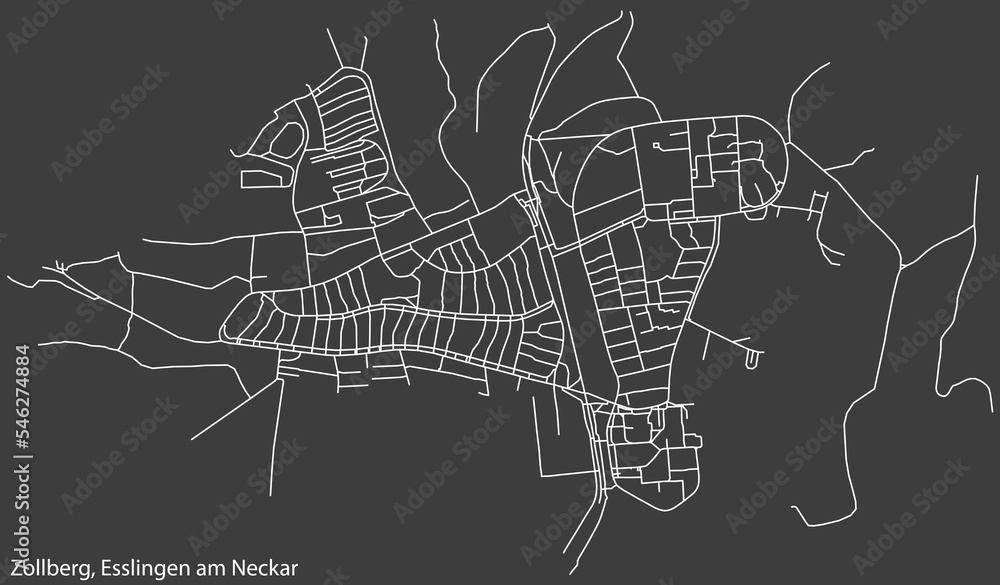 Detailed negative navigation white lines urban street roads map of the ZOLLBERG MUNICIPALITY of the German regional capital city of Esslingen, Germany on dark gray background