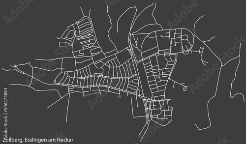 Detailed negative navigation white lines urban street roads map of the ZOLLBERG MUNICIPALITY of the German regional capital city of Esslingen, Germany on dark gray background