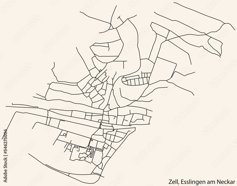 Detailed navigation black lines urban street roads map of the ZELL MUNICIPALITY of the German regional capital city of Esslingen, Germany on vintage beige background