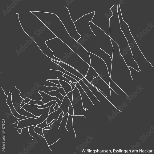 Detailed negative navigation white lines urban street roads map of the WIFLINGSHAUSEN MUNICIPALITY of the German regional capital city of Esslingen, Germany on dark gray background photo