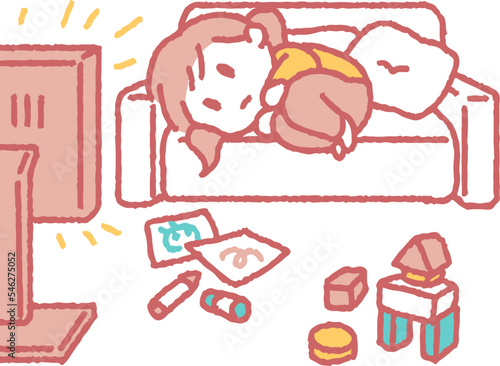 だらだらとテレビを観る女の子のイラスト