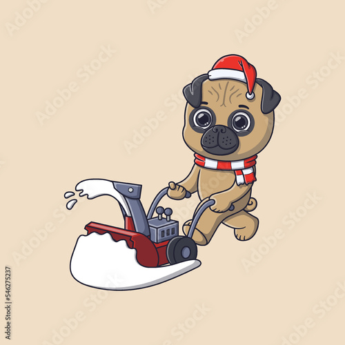 cute pug dog removing snow with snowblower