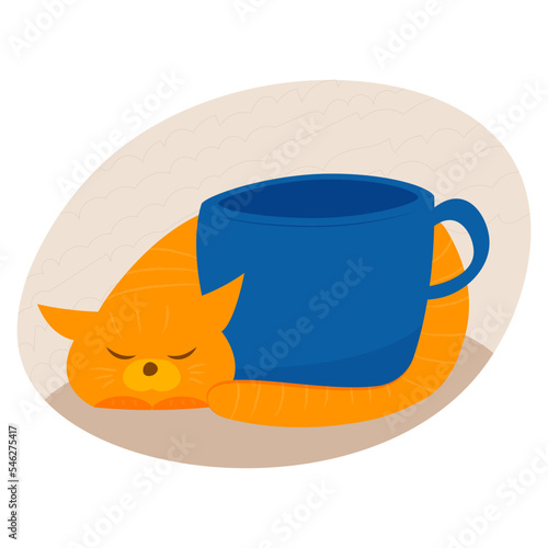 A red cat lies with his eyes closed and hugs, warms a blue cup with his tail photo