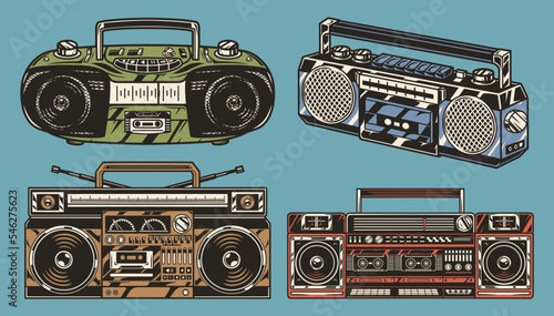 Music equipment set colorful vintage